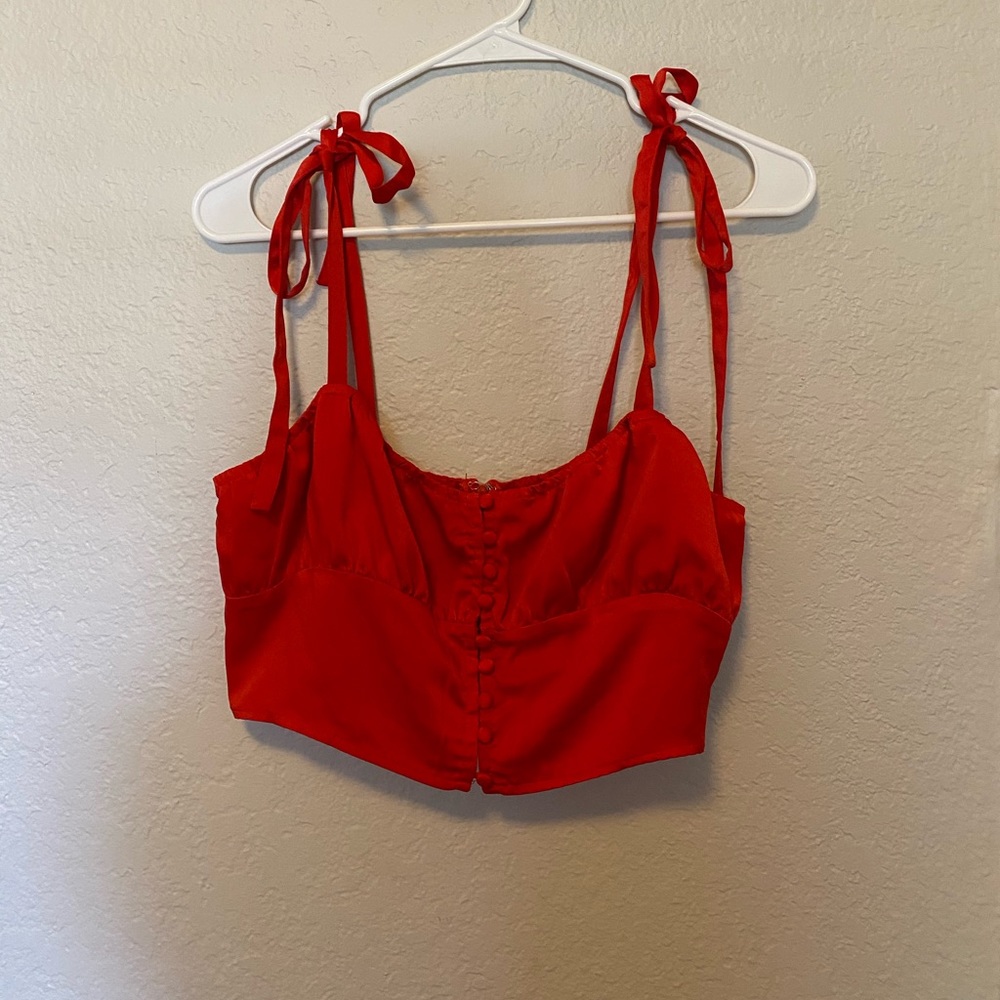 Forever 21 Red Satin Self-Tie Cropped Button Top